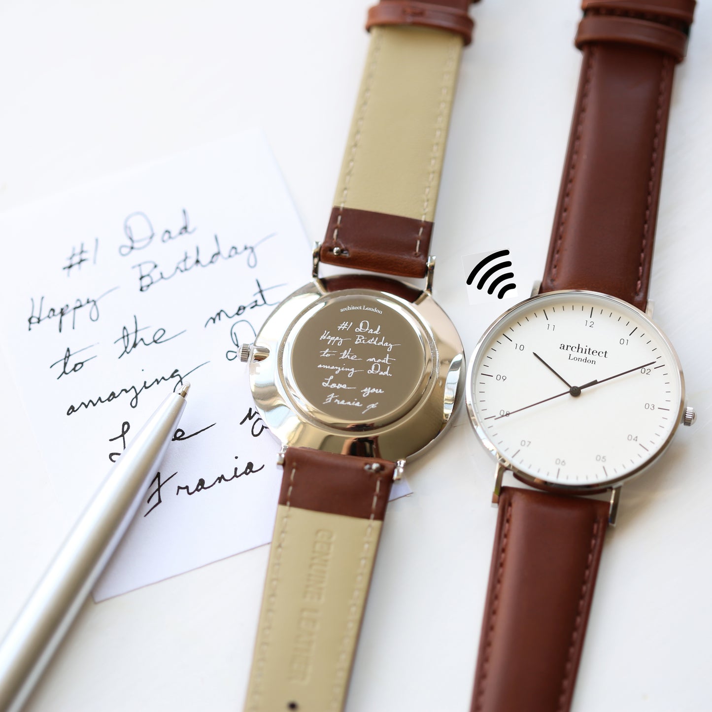 Contactless Payment Watch - Men's Architect Zephyr + Walnut Strap + Own Handwriting Engraving