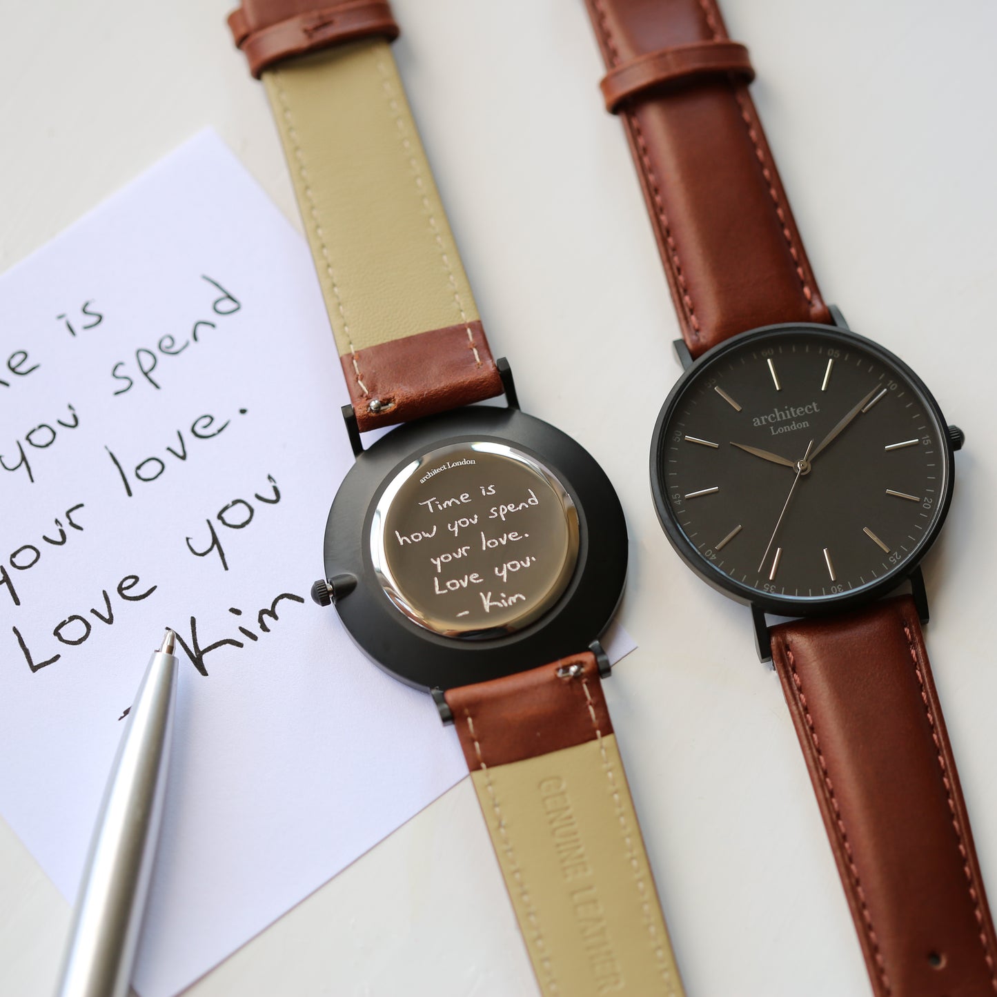 Contactless Payment Watch - Men's Architect Minimalist + Walnut Strap + Own Handwriting Engraving