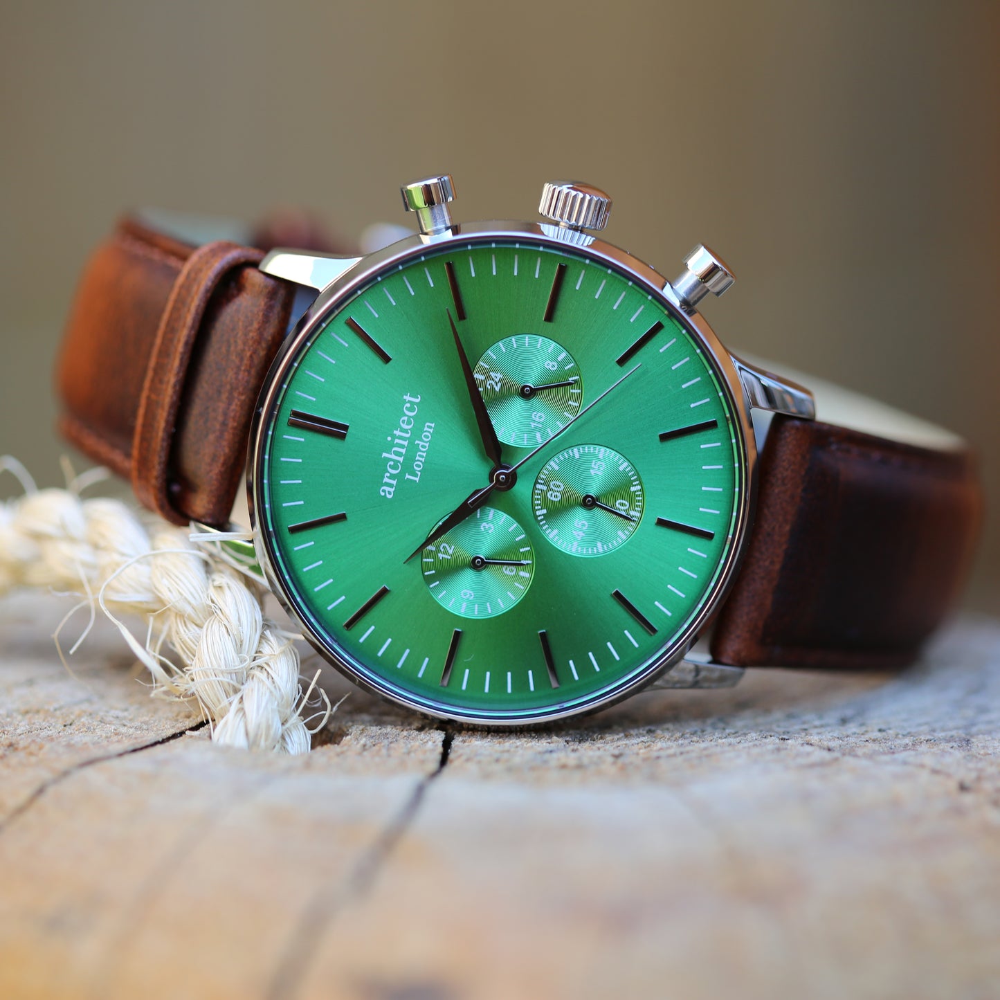 Contactless Payment Watch - Men's Green Motivator + Walnut Strap + Own Handwriting Engraving