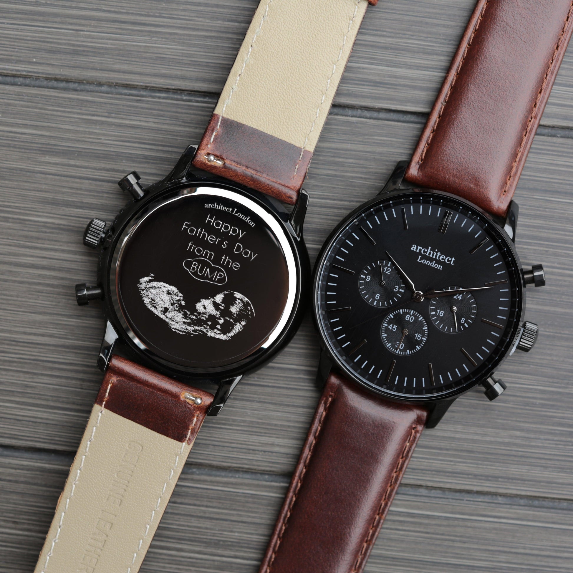 Handwriting Engraving - Men's Architect Motivator Black with Walnut Strap - MJM OPERATION