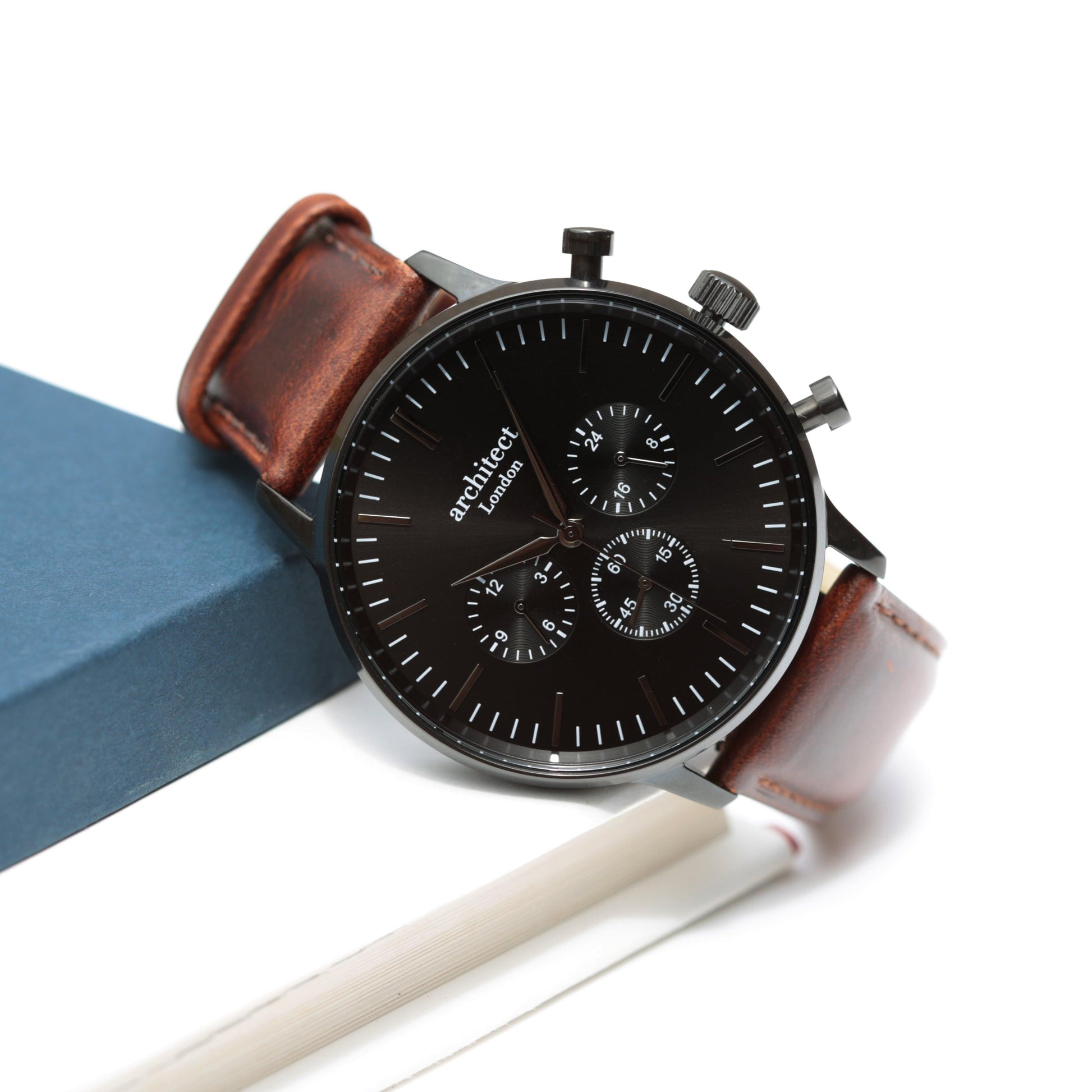 Handwriting Engraving - Men's Architect Motivator Black with Walnut Strap - MJM OPERATION