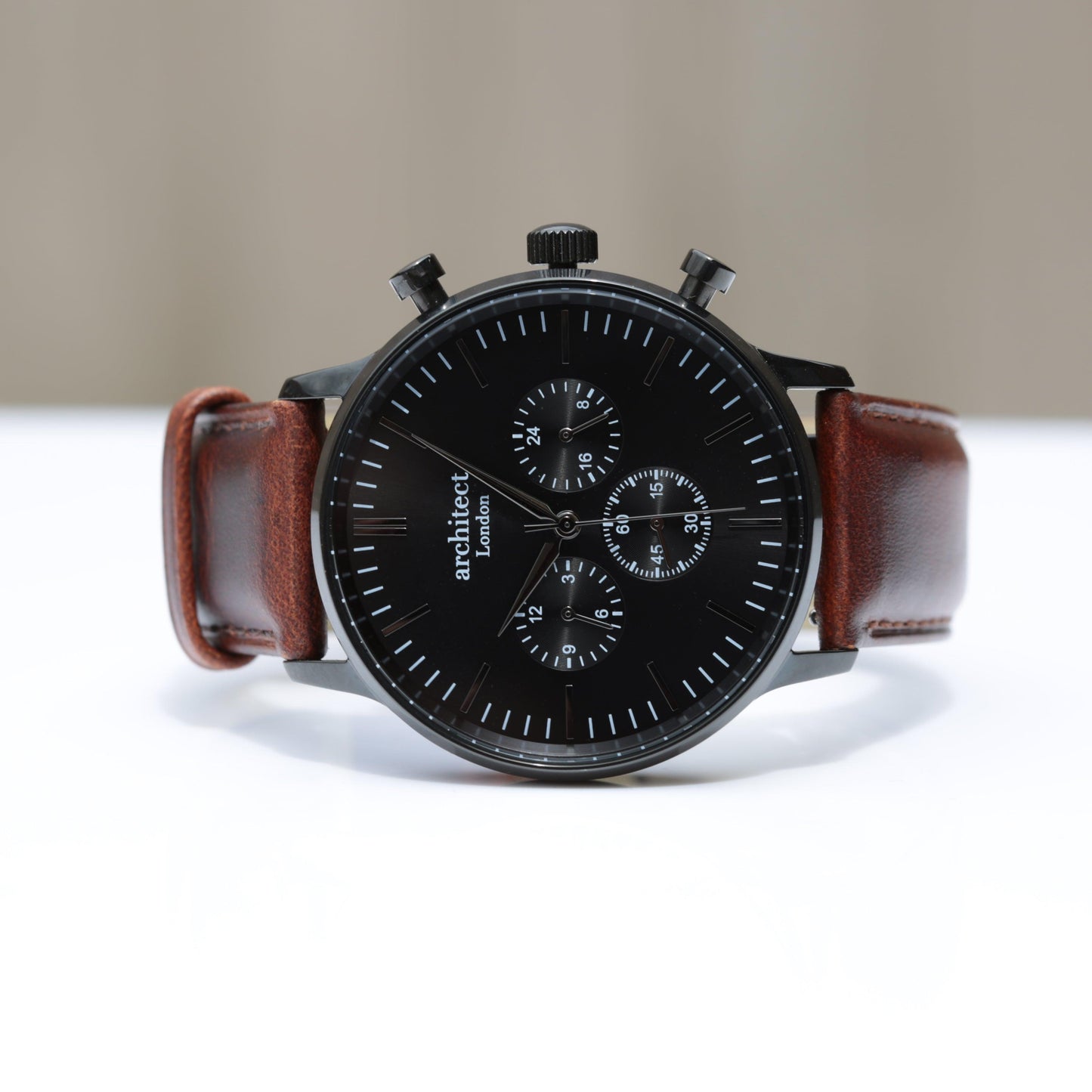 Handwriting Engraving - Men's Architect Motivator Black with Walnut Strap - MJM OPERATION