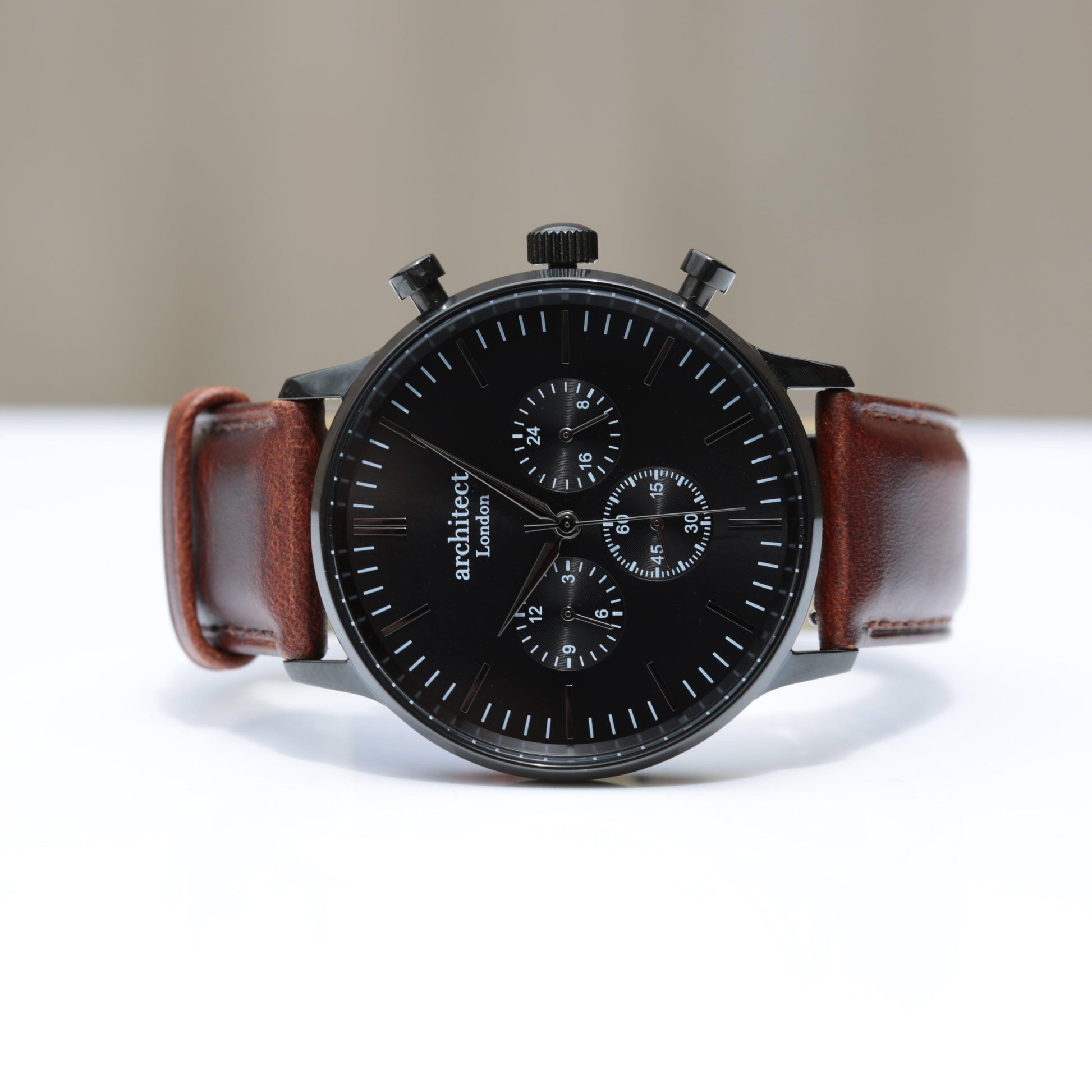 Handwriting Engraving - Men's Architect Motivator Black with Walnut Strap - MJM OPERATION