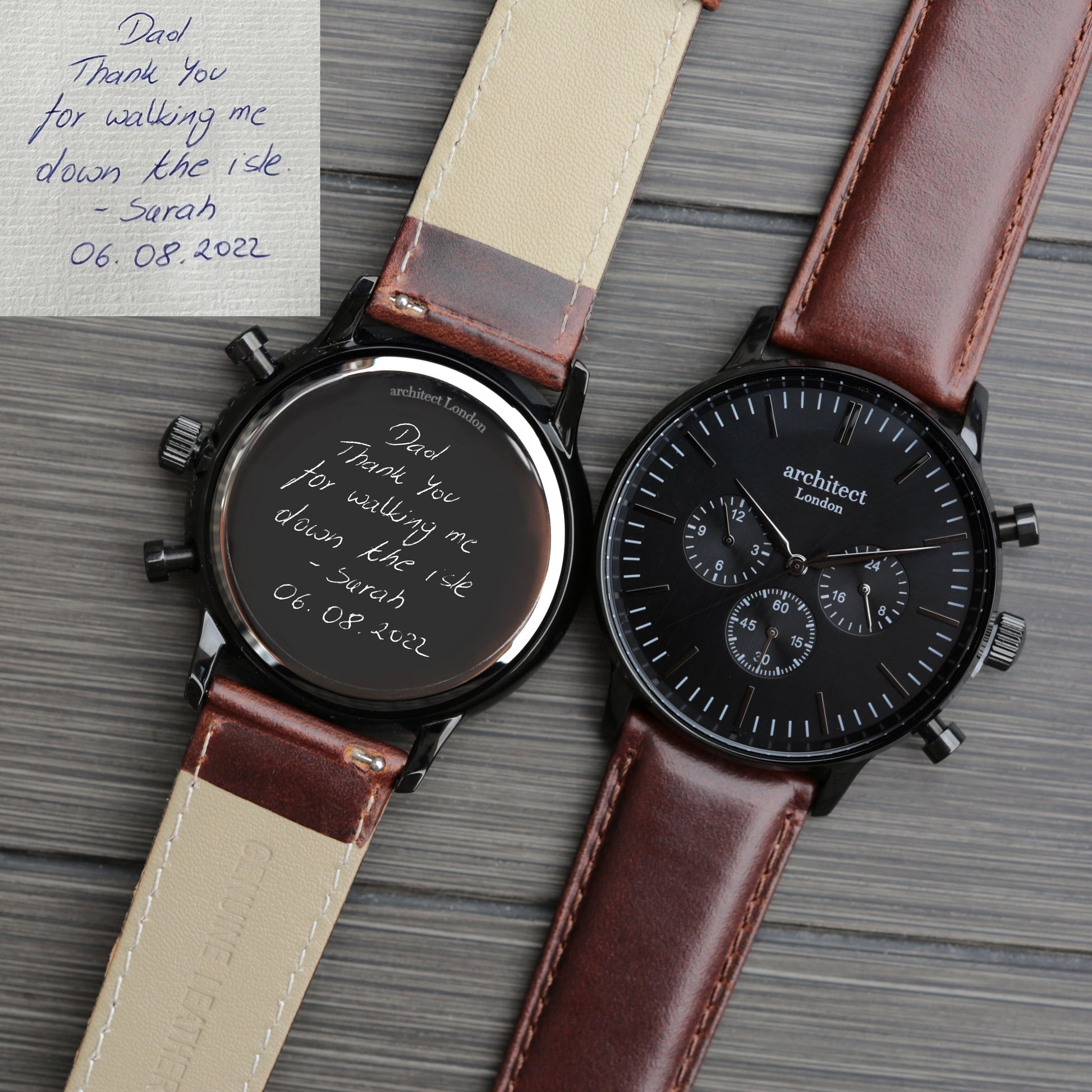 Handwriting Engraving - Men's Architect Motivator Black with Walnut Strap - MJM OPERATION