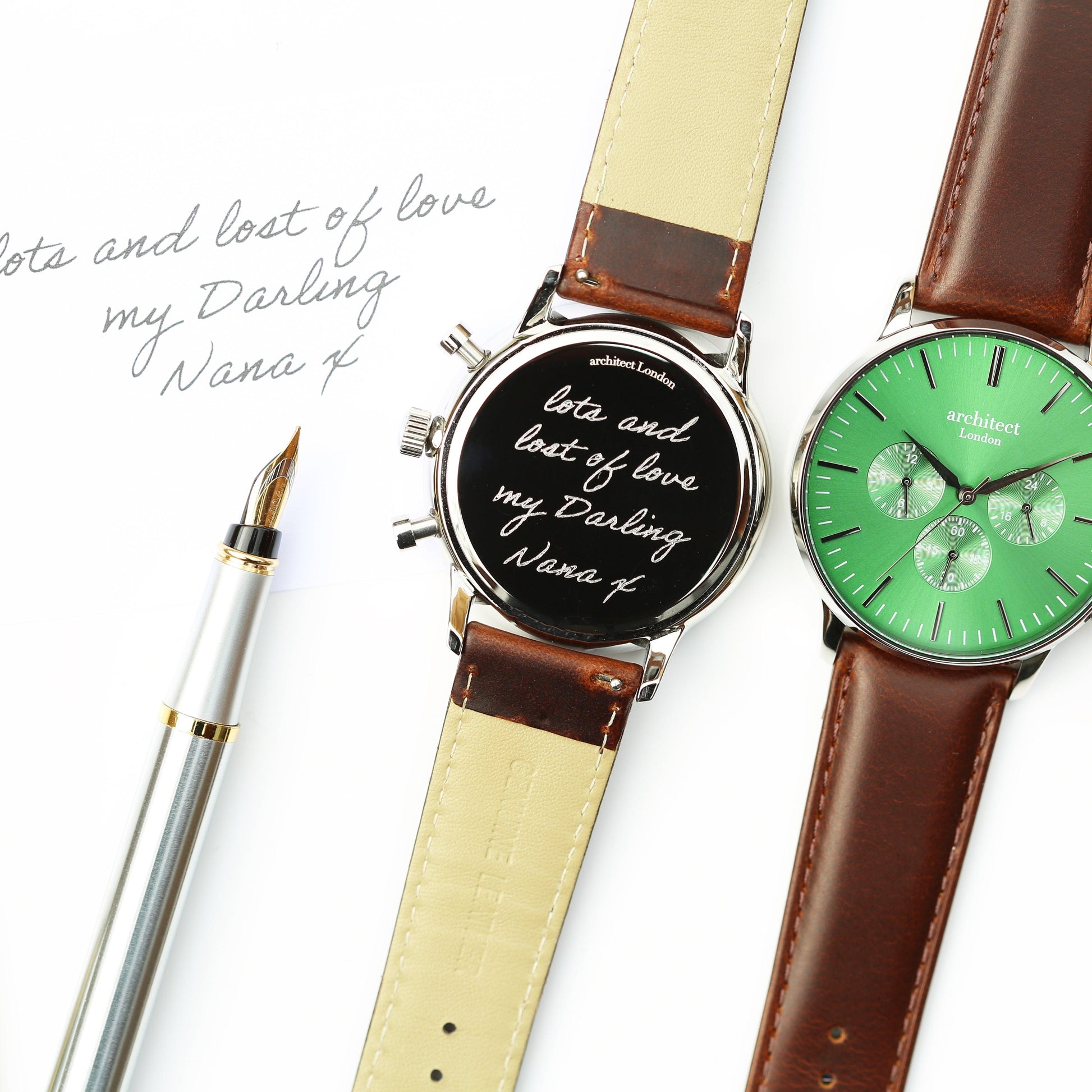 Handwriting Engraving - Men's Architect Motivator Green Face Walnut Strap - MJM OPERATION
