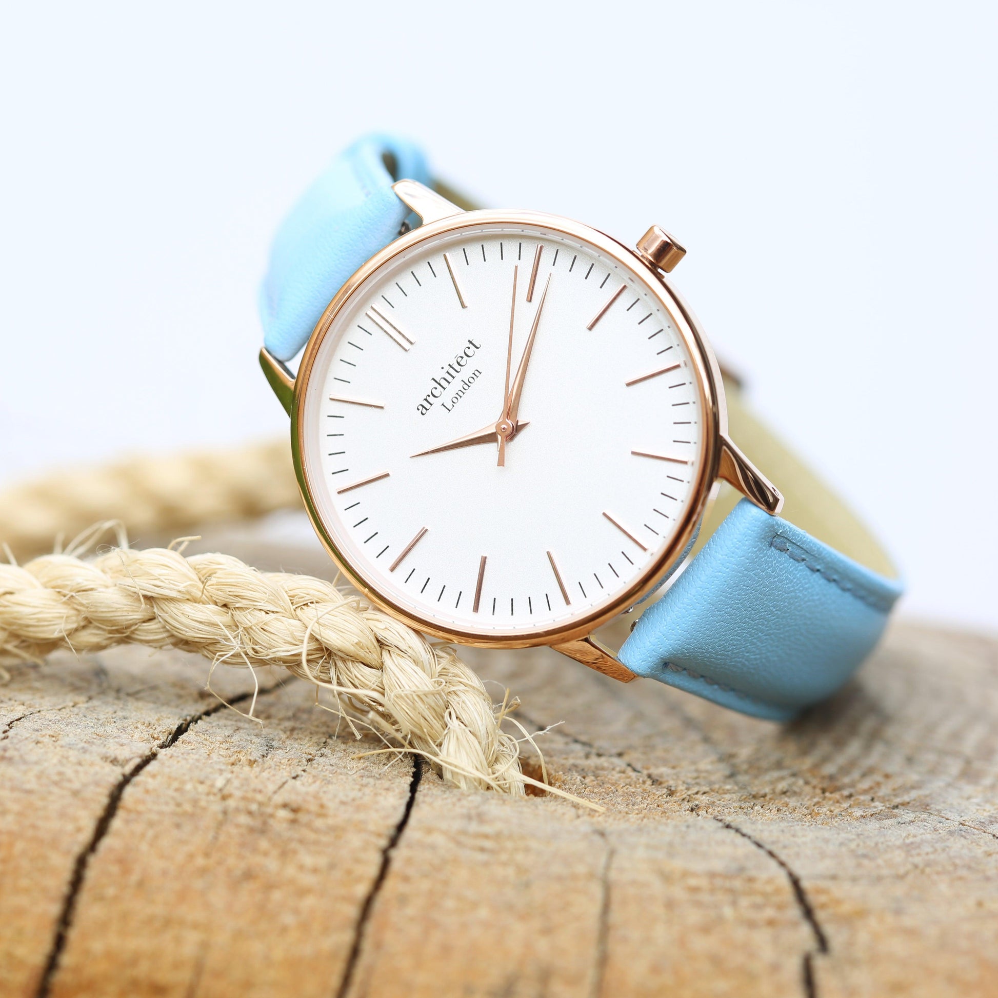 Ladies Architēct Blanc - Modern Font Engraving + Light Blue Strap - MJM OPERATION