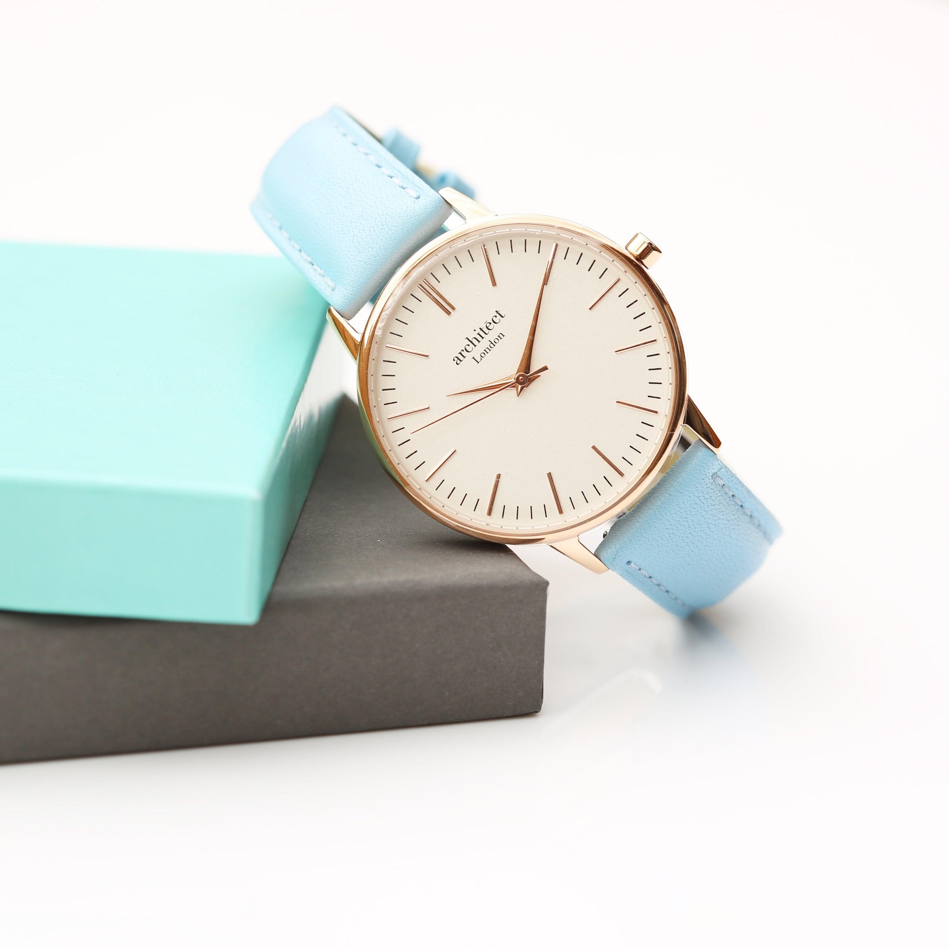 Ladies Architēct Blanc - Modern Font Engraving + Light Blue Strap - MJM OPERATION