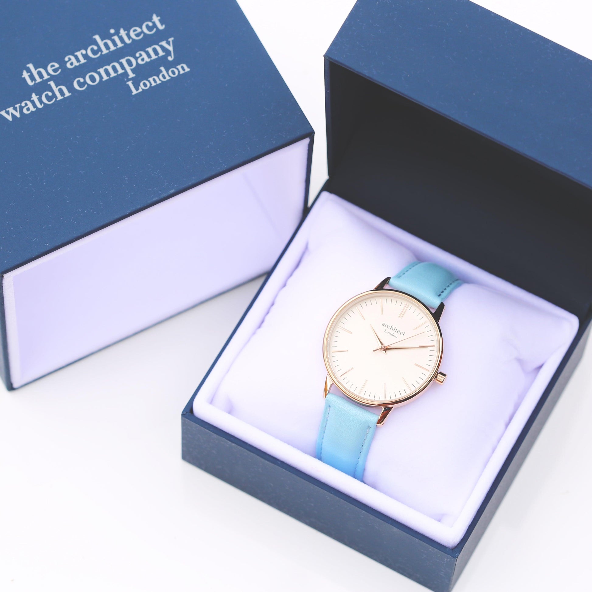 Ladies Architēct Blanc - Modern Font Engraving + Light Blue Strap - MJM OPERATION