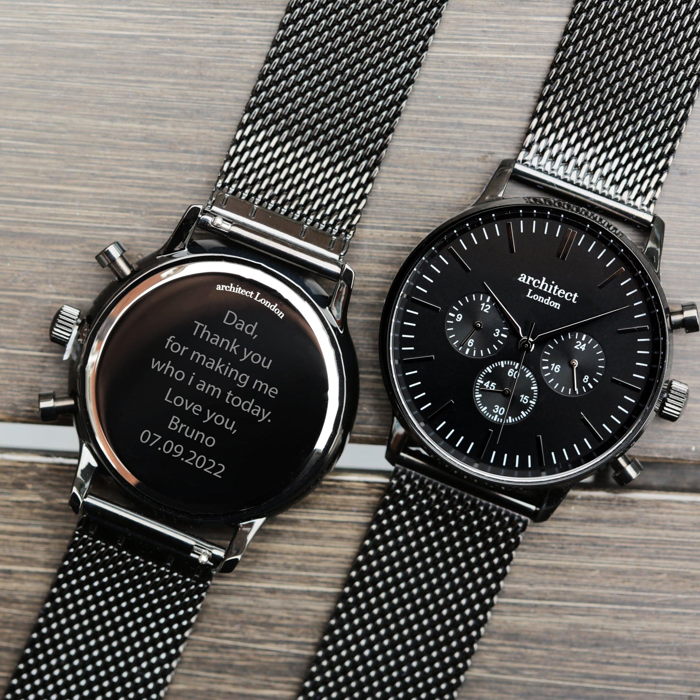 Men's Architect Motivator In Black With Black Mesh Strap - Modern Font Engraving - MJM OPERATION