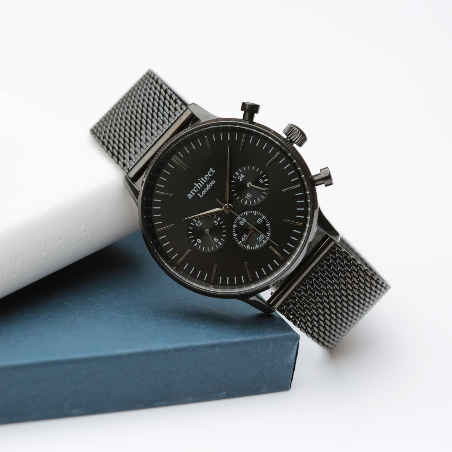 Men's Architect Motivator In Black With Black Mesh Strap - Modern Font Engraving - MJM OPERATION