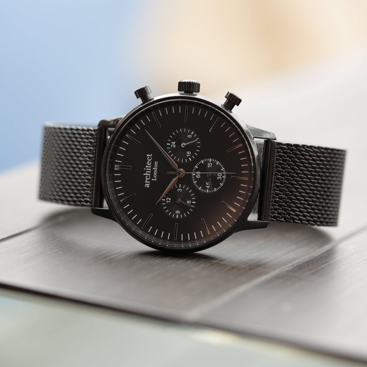 Men's Architect Motivator In Black With Black Mesh Strap - Modern Font Engraving - MJM OPERATION