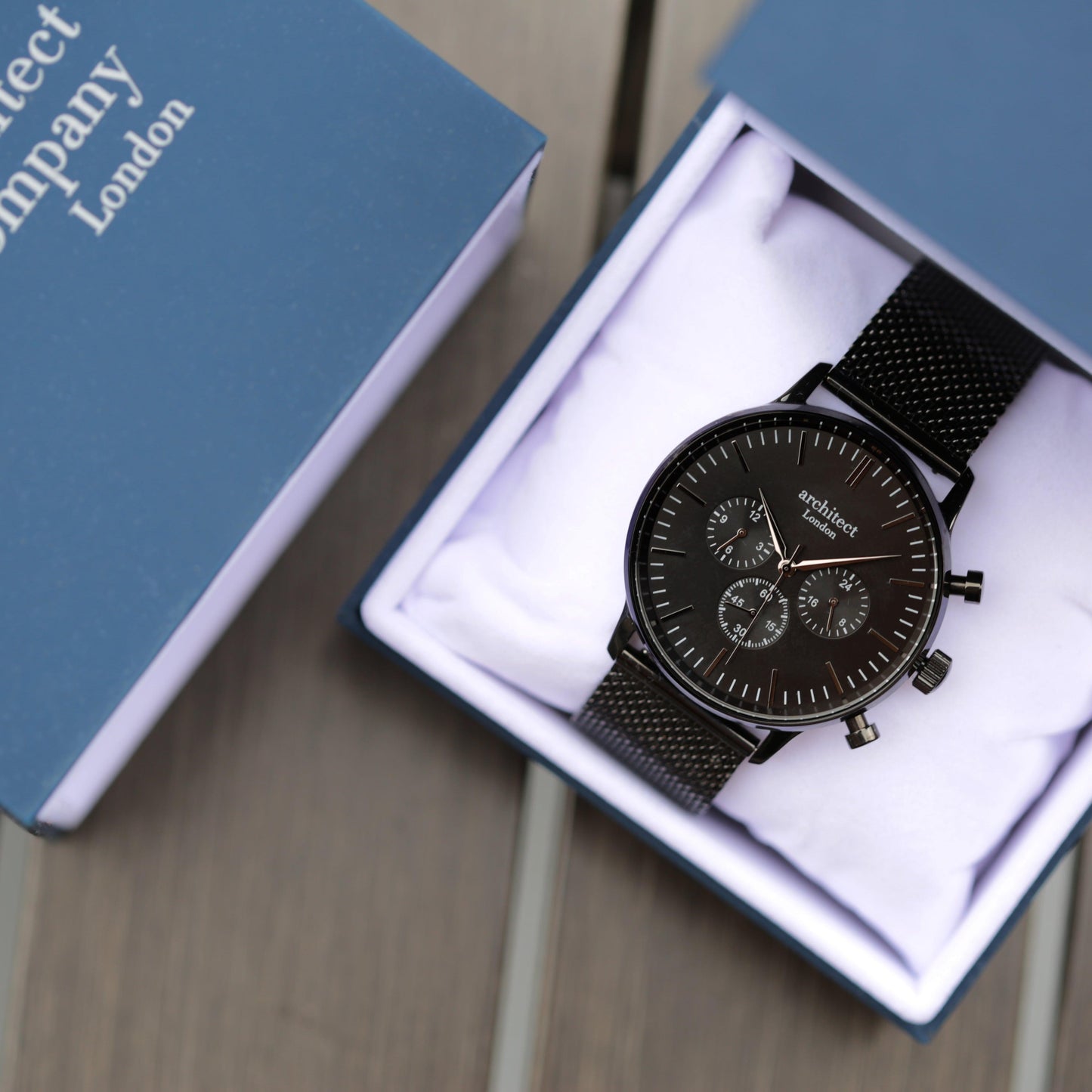 Men's Architect Motivator In Black With Black Mesh Strap - Modern Font Engraving - MJM OPERATION