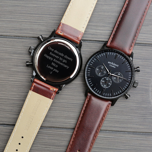 Men's Architect Motivator In Black With Walnut Strap - Modern Font Engraving - MJM OPERATION