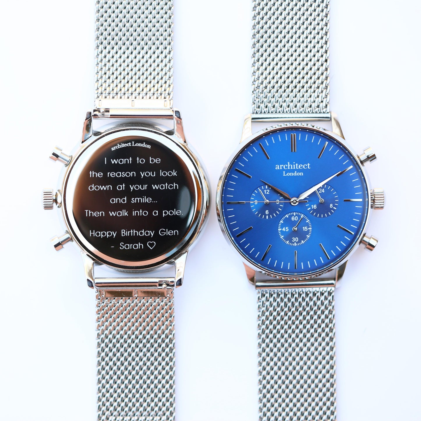 Men's Architect Motivator In Blue With Silver Mesh Strap - Modern Font Engraving - MJM OPERATION