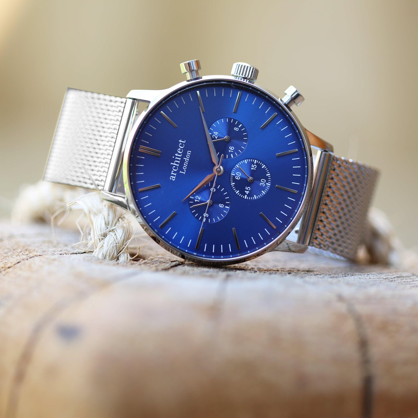 Men's Architect Motivator In Blue With Silver Mesh Strap - Modern Font Engraving - MJM OPERATION