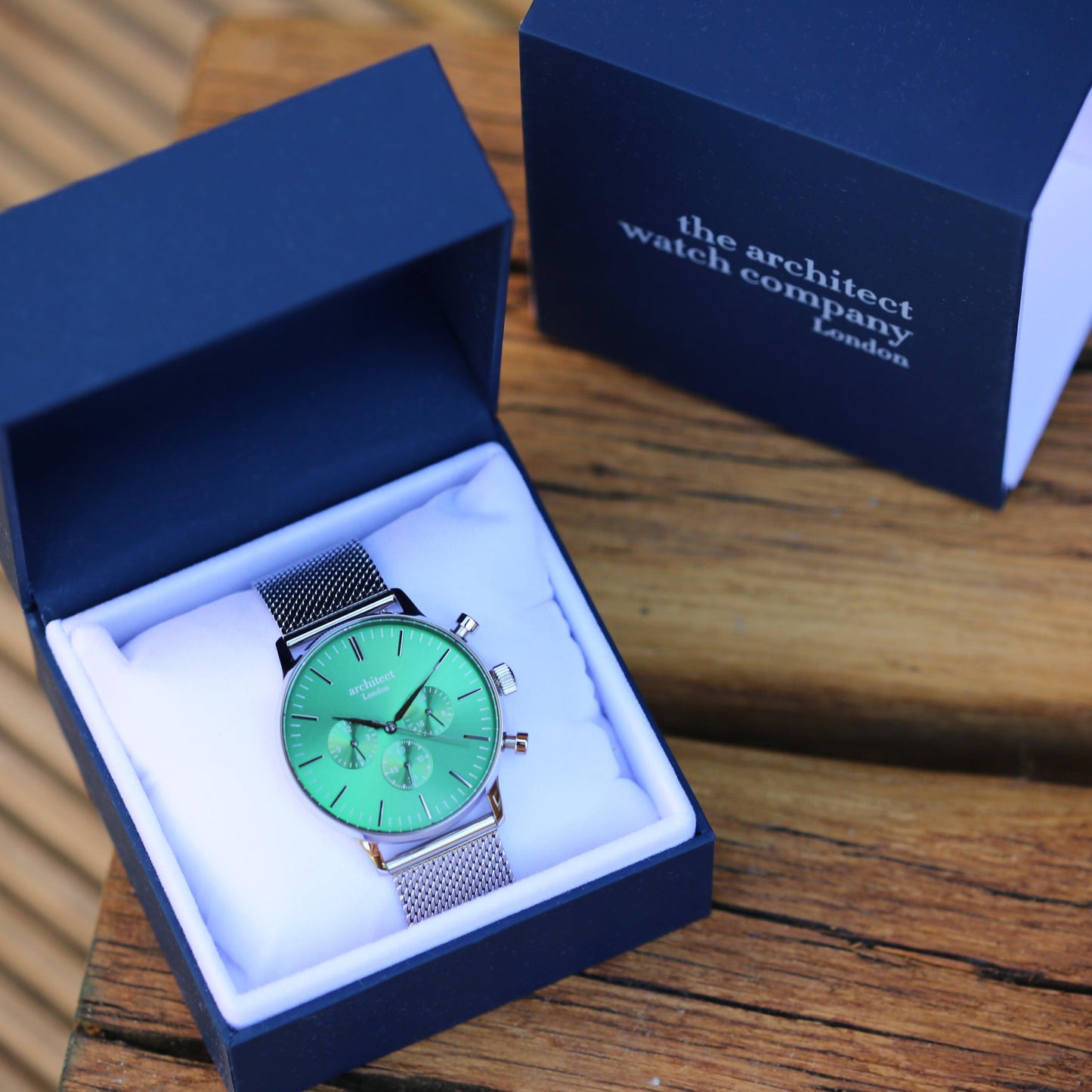 Men's Architect Motivator In Envy Green With Silver Mesh Strap - Modern Font Engraving - MJM OPERATION