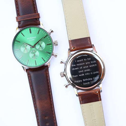 Men's Architect Motivator In Envy Green With Walnut Strap - Modern Font Engraving - MJM OPERATION