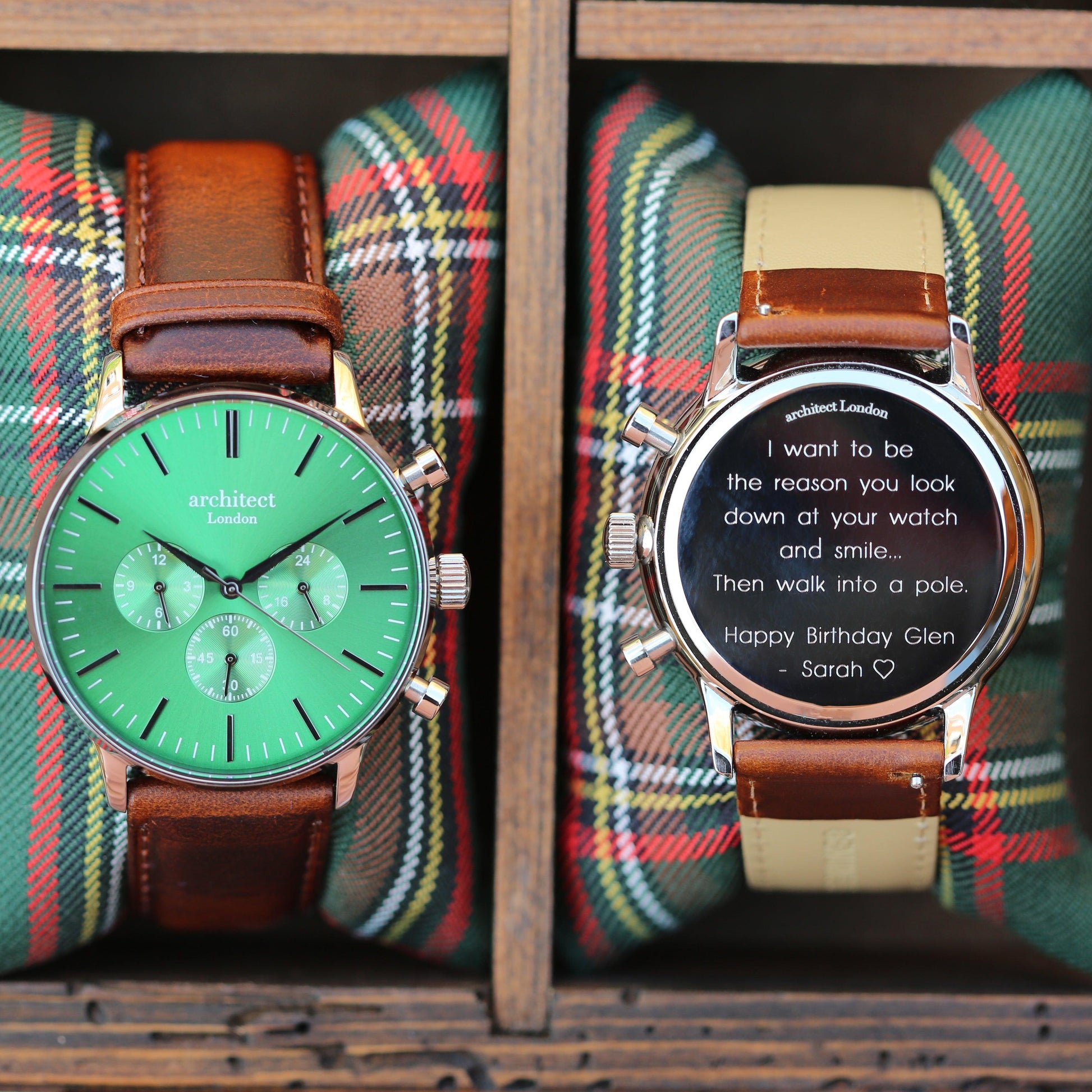 Men's Architect Motivator In Envy Green With Walnut Strap - Modern Font Engraving - MJM OPERATION
