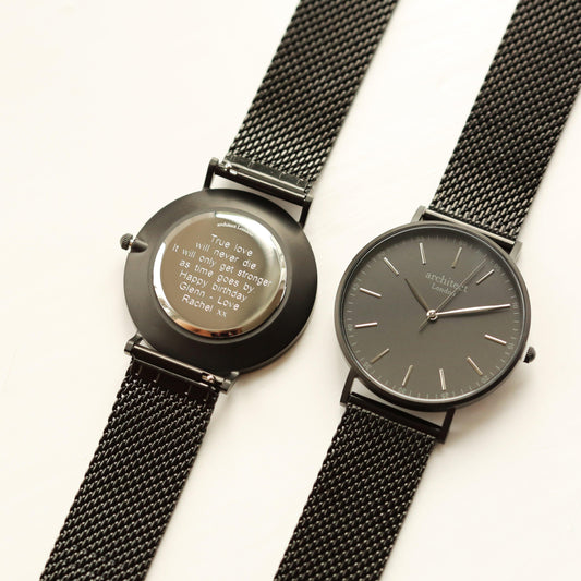 Modern Font Engraving - Men's Minimalist Watch + Pitch Black Mesh Strap - MJM OPERATION