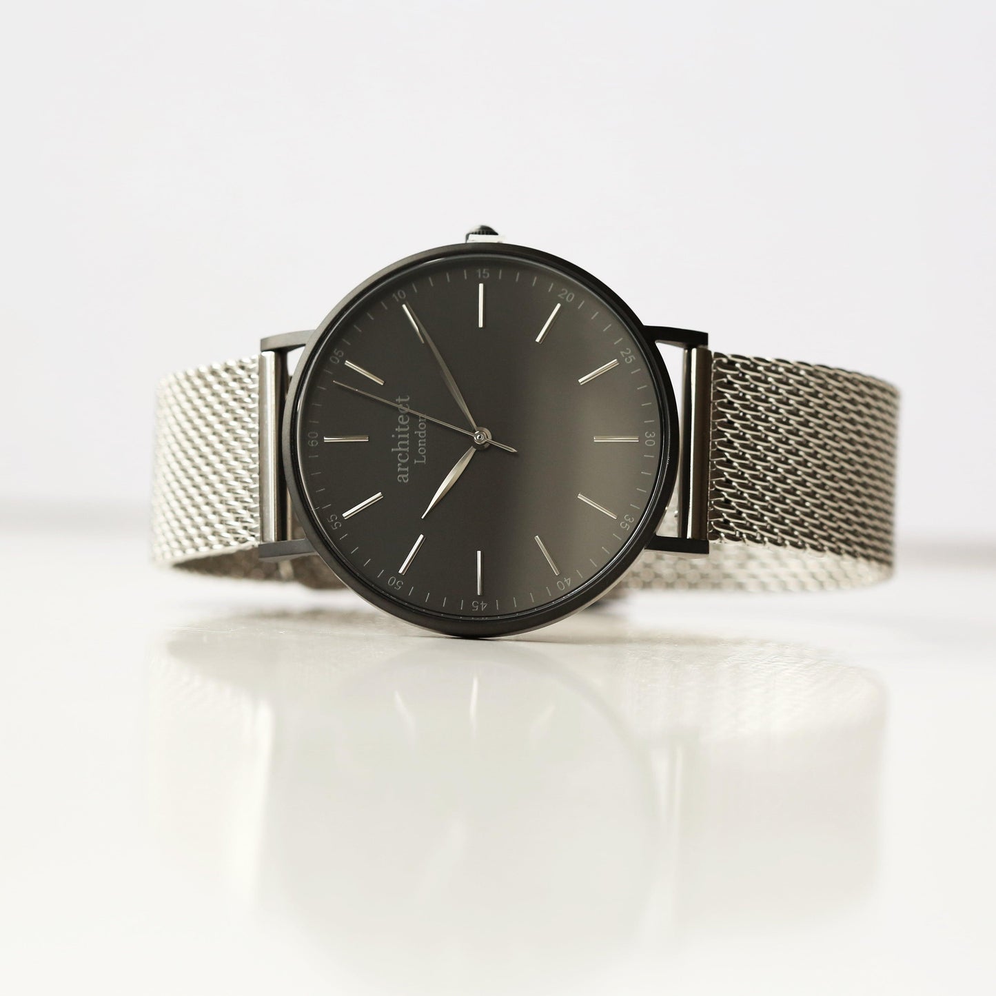 Modern Font Engraving - Men's Minimalist Watch + Steel Silver Mesh Strap - MJM OPERATION