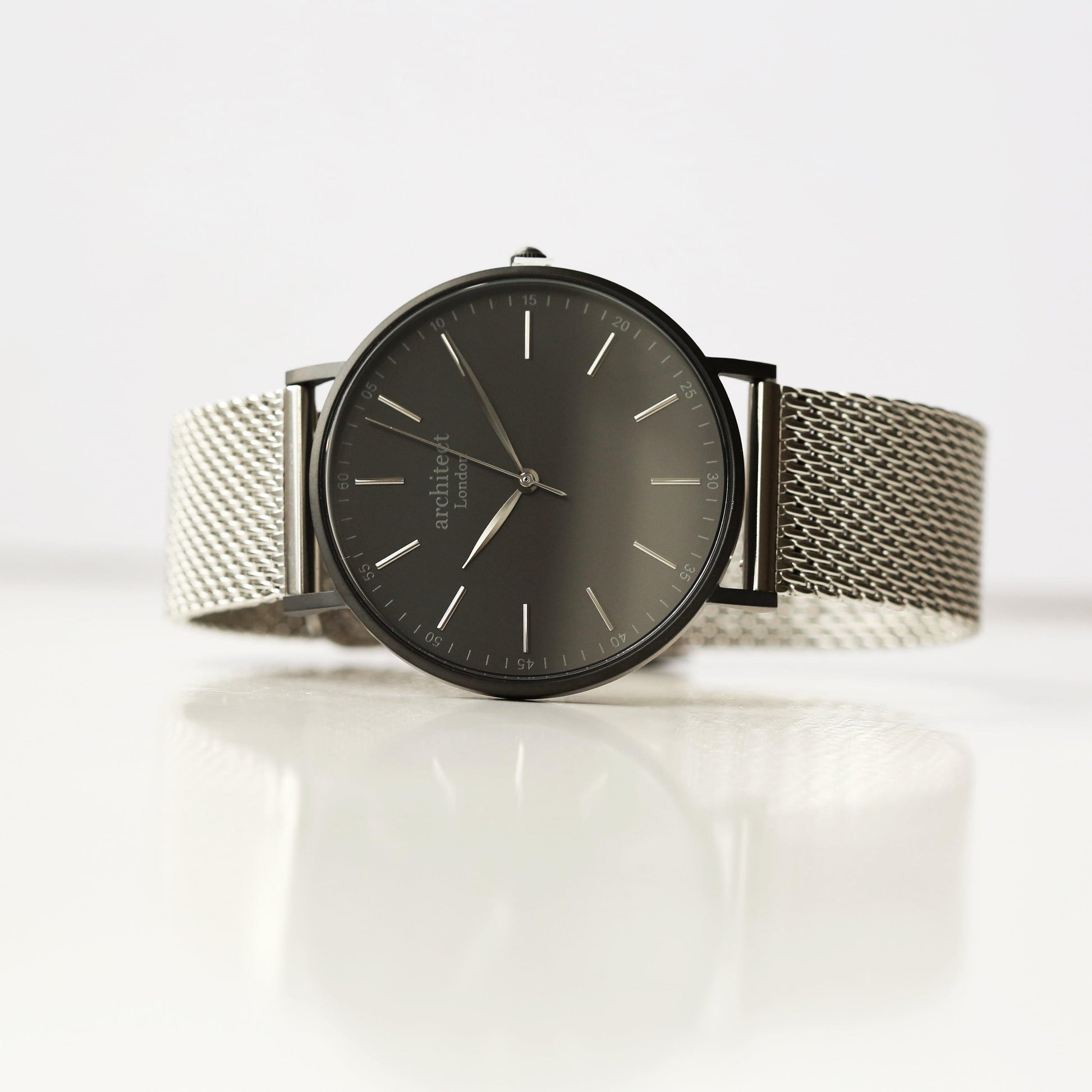 Modern Font Engraving - Men's Minimalist Watch + Steel Silver Mesh Strap - MJM OPERATION